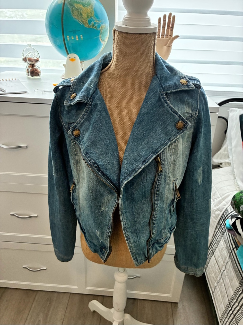 Jou Jou Distressed Blue Denim Moto Jacket